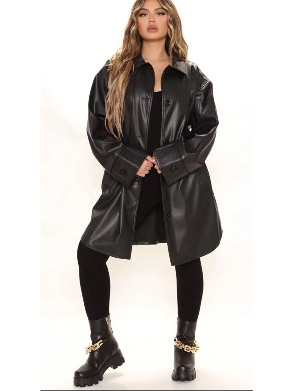 Fashion Nova Faux Leather Jacket Women Size 1X Oversized Trench Coat Shacket NWT